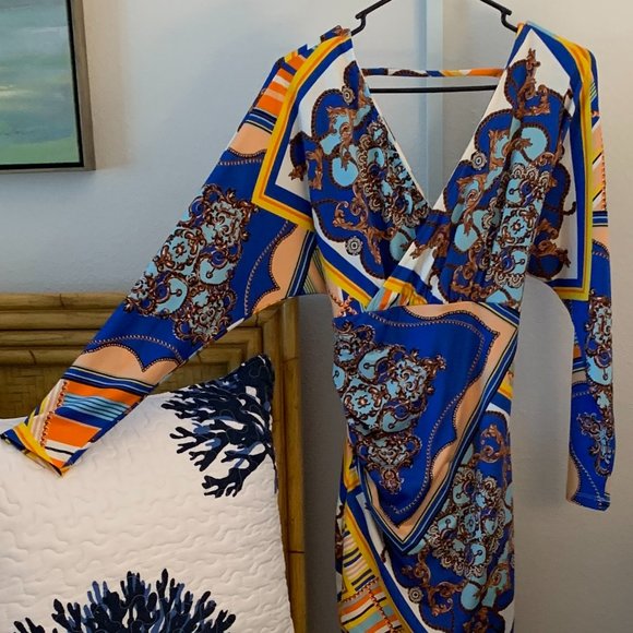 VENUS Faux Wrap Multicolor Long Sleeve Dress, Size S - Picture 6 of 9